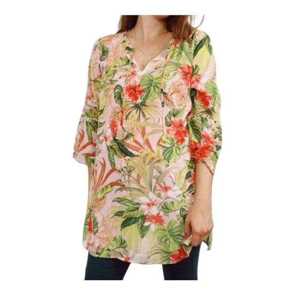 J. Jill Tropical Floral Print Lightweight Breezy Long Sleeve Tunic Top Dress, XL - Picture 2 of 11